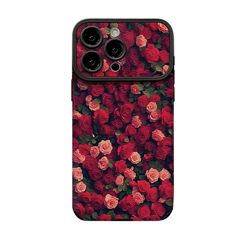 Full screen rose lanyard suitable for Apple 16 mobile phone case iphone14pro large window sheepskin 15 soft silicone