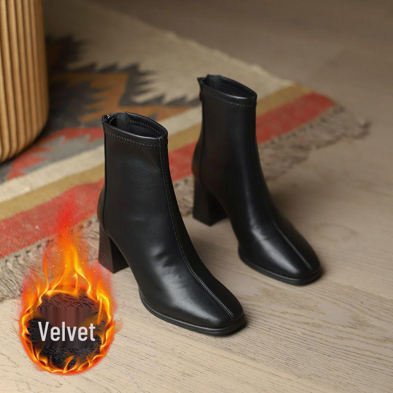 White Velvet-Lined Square Toe Chunky Heel Ankle Boots for Women - Trendy Slimming French Leather High Heels