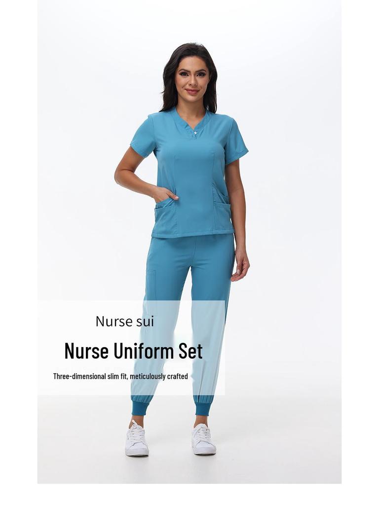 Women's Quick-Dry Short Sleeve Stretch Scrub Suit for Nurses and Beauty Salon