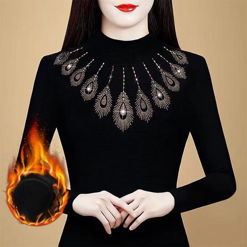 Women's Double-Sided Velvet Base Shirt  Autumn Winter Semi-Turtleneck Long Sleeve T-Shirt Slim Fit Rhinestone Warm Base Shirt