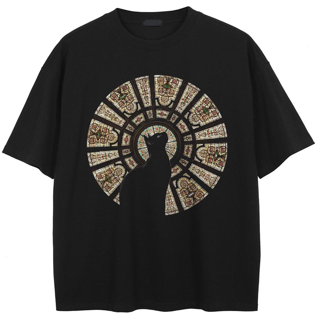 2026 Unisex Washed Black T-Shirt Streetwear QUARTER 24 Church Cat Graphic