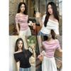 Sweet One-word Shoulder Short-sleeved T-shirt Women's Spring and Summer Pink Design Off-the-shoulder Top