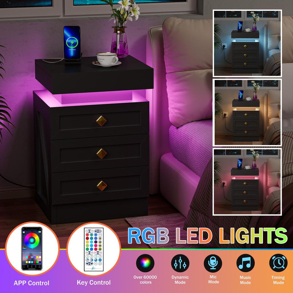 Bedside table, three drawers, with charging station, 2 AC power outlets/2 USB ports, European standard plug, black.