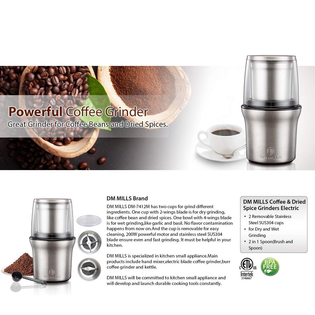 DR MILLS DM-7412M Electric Dry Spice & Coffee Grinder, Grinder & Chopper, Removable Cup, Do Not Wash, Both Blade and Cup Made of SUS304 Stainless