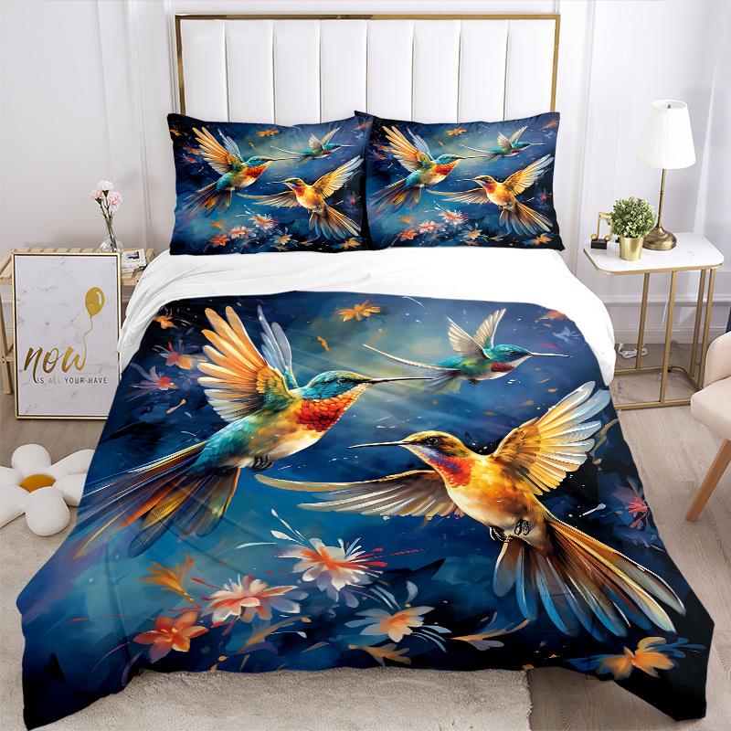 3pcs Whimsical Dance of Hummingbirds Pattern Bedding Three-Piece Set (1 Cover + 2 Pillowcases, No Fillings), This Printed Bedding Set Is Soft and