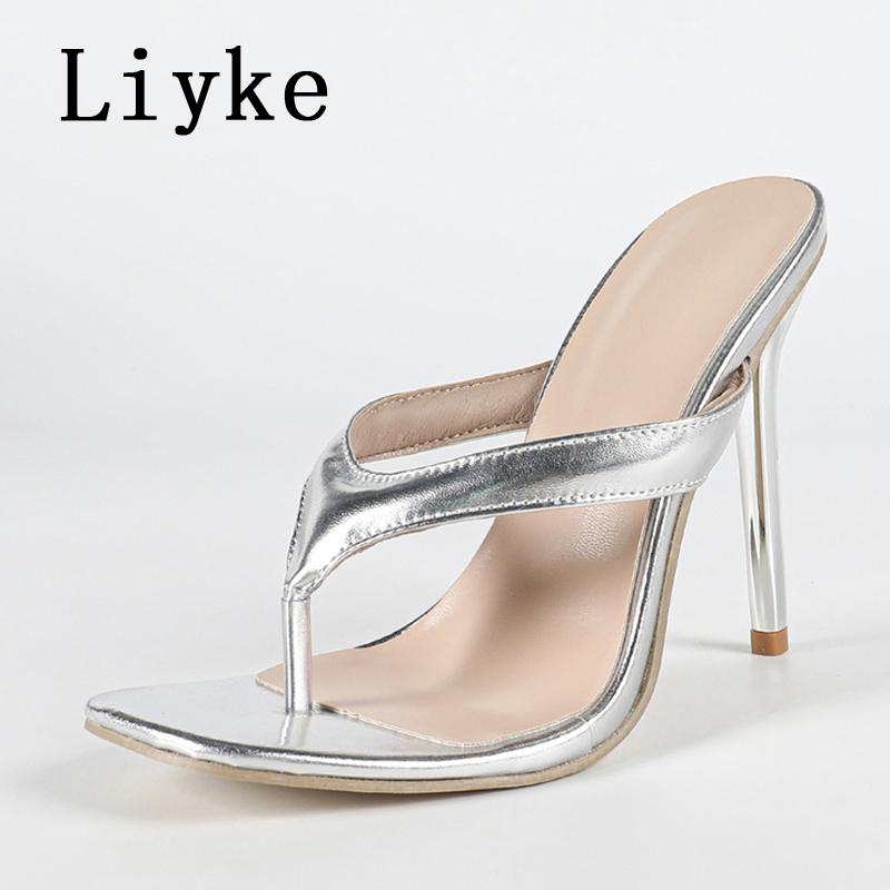 

Модные Liyke Серебристые Туфли на Высоком Каблуке Вьетнамки Женские Тапочки Модные Шлепанцы с Перемычкой для Пальца Узкий Ремешок Квадратный Носок Сандалии Вечерние Шлепки Обувь Размер 35-42 37