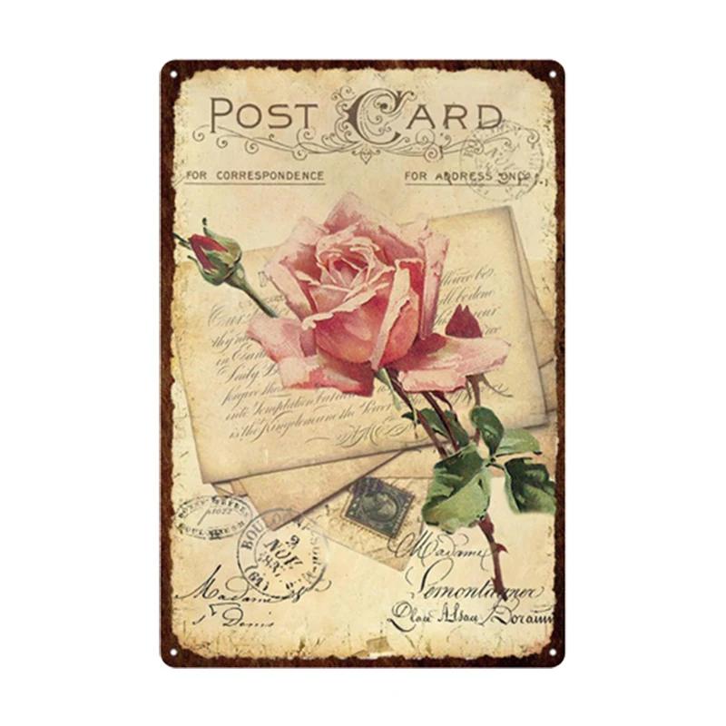 Pastoral Style Flower Plaque Metal Tin Sign Lavender Rose Retro Plates Poster for Living Room Home Garden Wall Decor 20x30cm