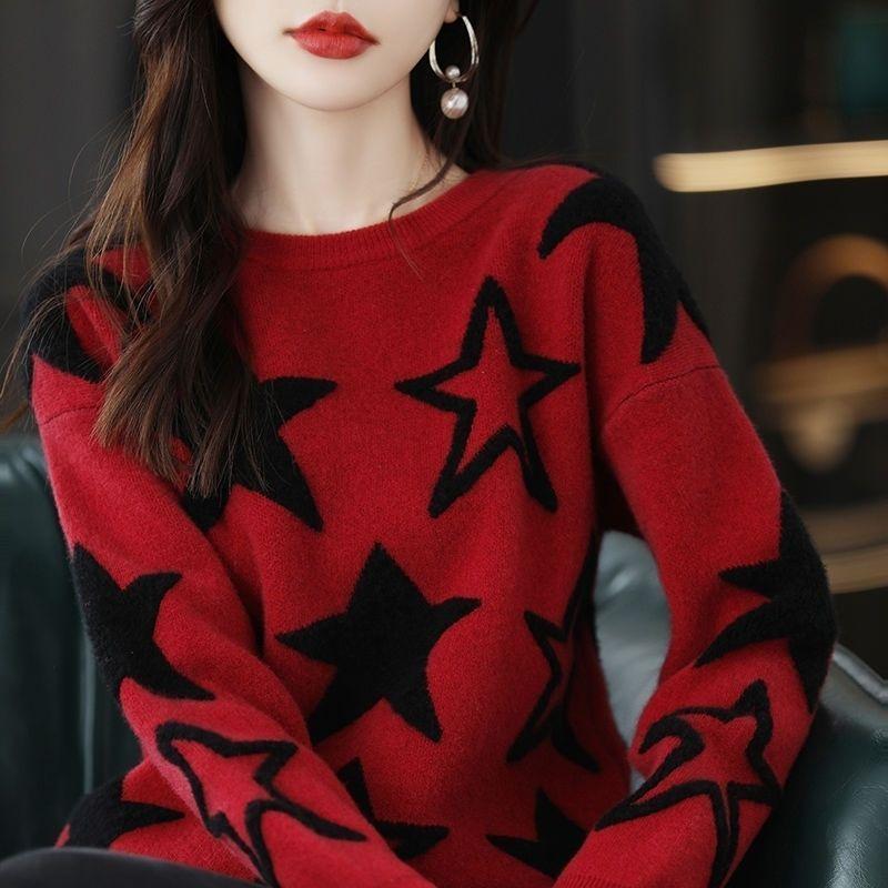 

Пуловер Светр Осінь і зима Контрастний колір Светр з круглим вирізом Трикотажні вироби Жіночий пуловер Вільний пуловер Светр жіночі топи One Size червоний