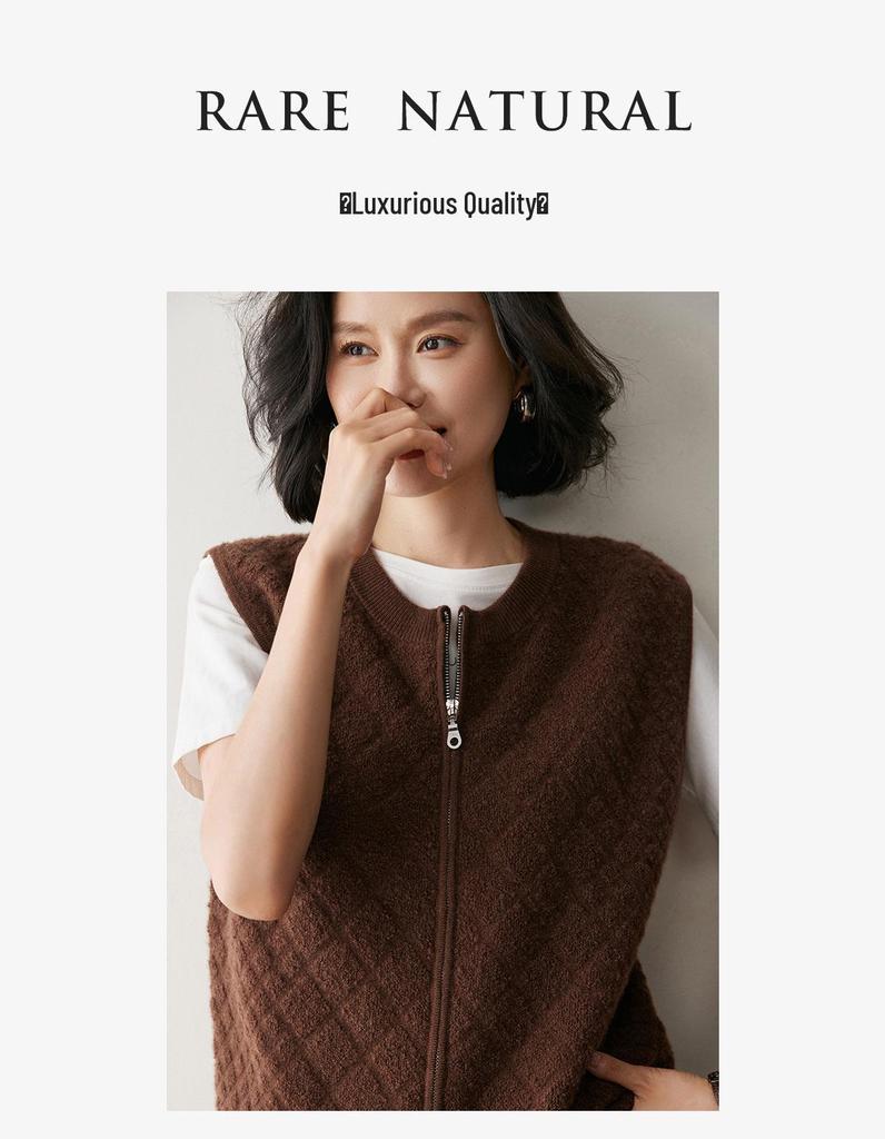 Women's Diamond Knit Cashmere Zipper Cardigan Vest - Loose, Thickened for 2025 Autumn/Winter