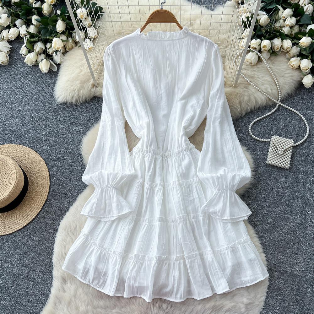 White lantern sleeve slim-fitting dress for women's spring and autumn ruffle leaf edge lace-up waist and thin A-shaped skirt