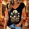 Women's V-Neck Casual Halloween Print Three-Quarter Sleeve Top for Fall Festive Occasions