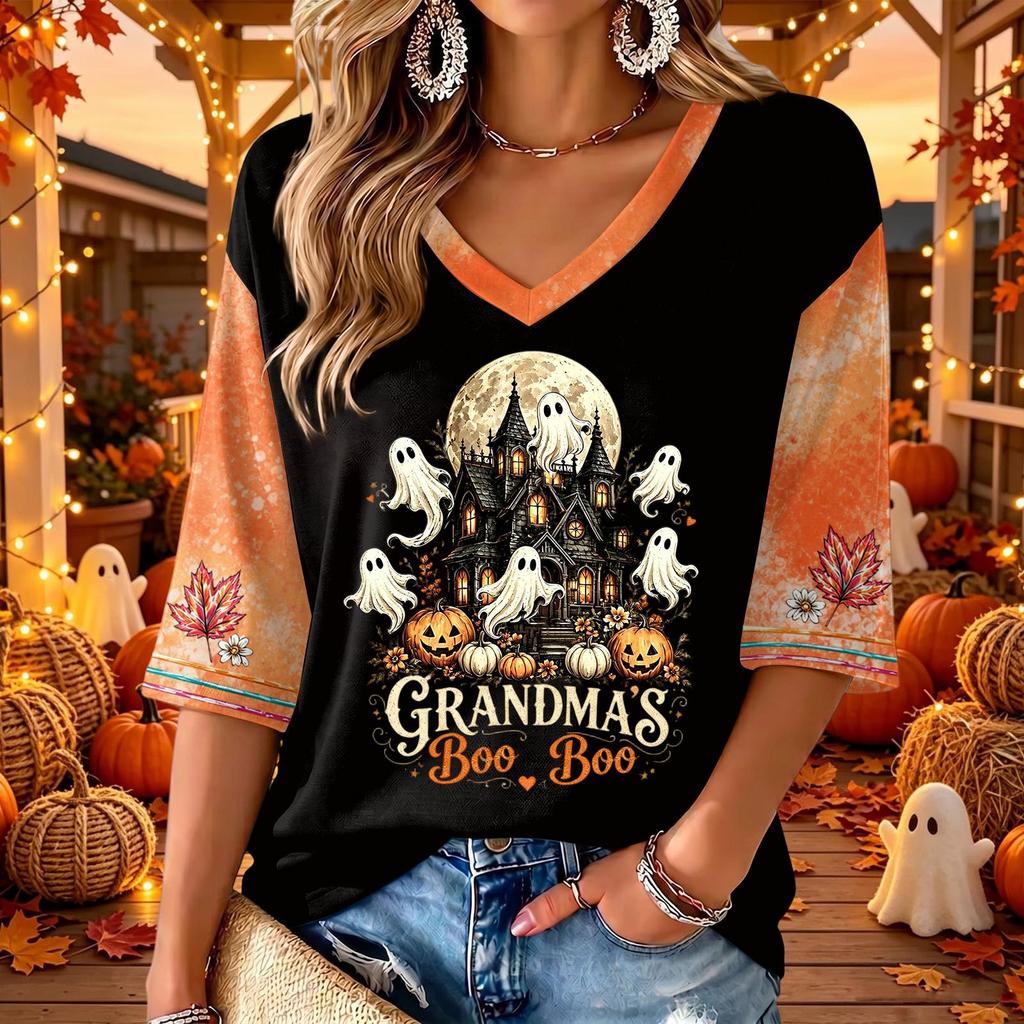 Women's V-Neck Casual Halloween Print Three-Quarter Sleeve Top for Fall Festive Occasions