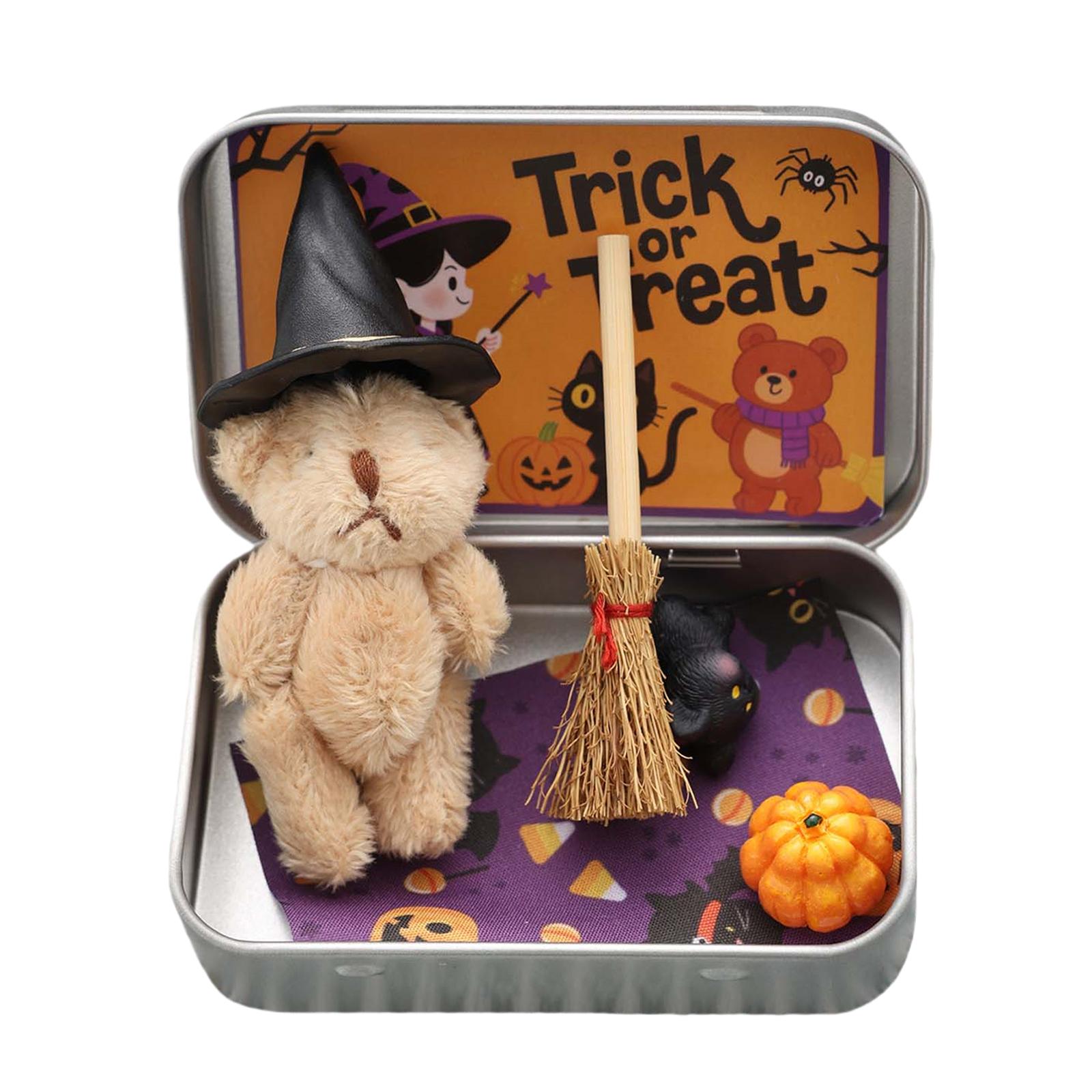 

Teddy Bear in A Box for Trick Or Treat with Broom Pumpkin & Cat Cute Halloween Teddy Bear with Witch Hat for Family and Friends