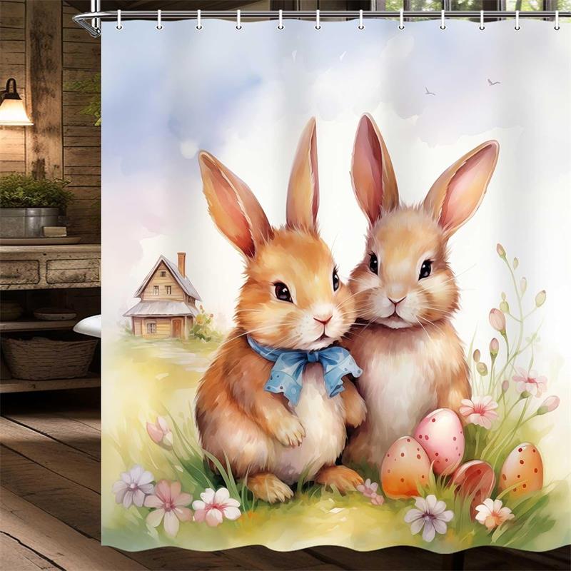 Spring Easter Bunny Shower Curtains Leaves Wildflower Watercolor Floral Rabbit Rustic Farmhouse Bathtub Bathroom Curtain Decor