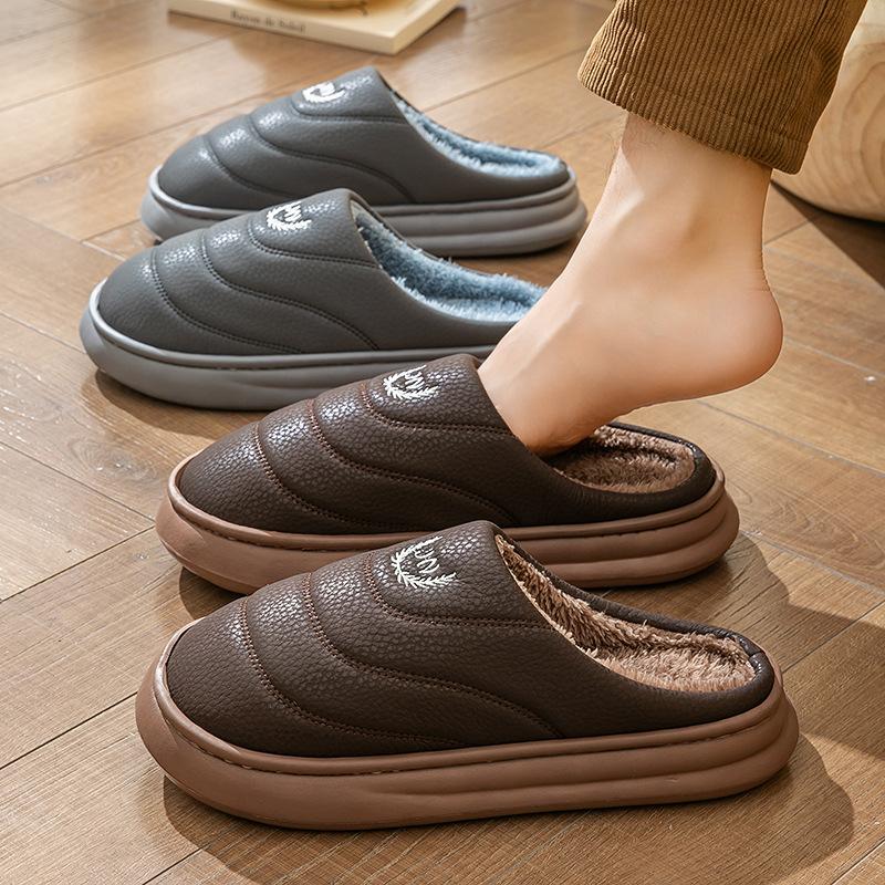 Extra Large Size Waterproof Cotton Slippers Indoor Home Thick Bottom Non-slip Piled Warm Leather Plush Slippers