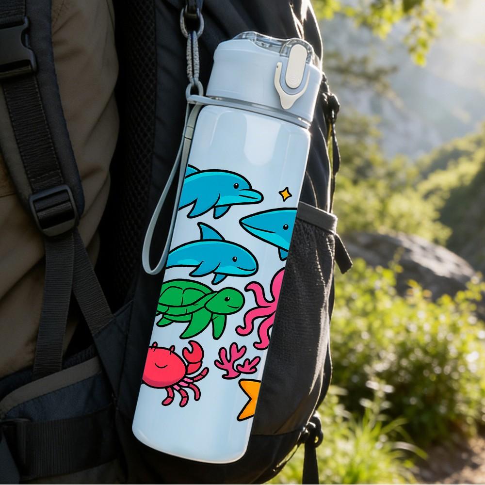 1PC Ocean Sea Creature Group 750ml Color Plastic Sports Water Bottle Leakproof Flip Straw Lid Suitable for Sports Office Home Use