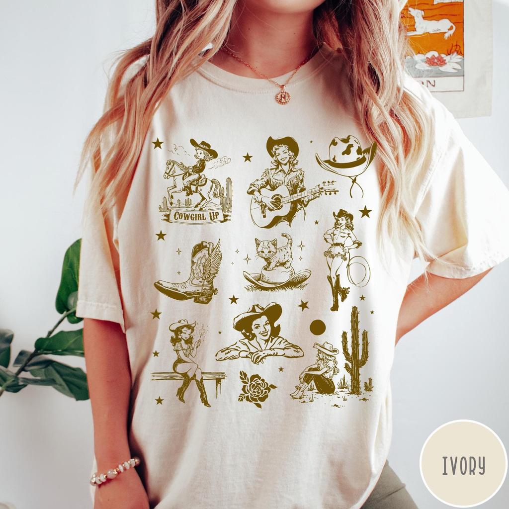 Retro Western Cowgirl Shirt, Vintage Cowgirl Pattern Tshirt, Retro Rodeo, Cute Country Western Aesthetic Oversized Tee