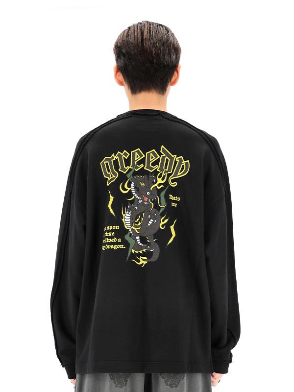 OURPOCKETS Grid Pigment Dragon Oversized Long Sleeve Sweatshirt (Z Black)