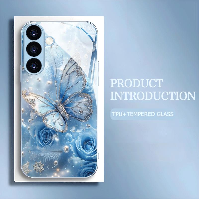 Blue Butterfly Hot-selling Exquisite Beautiful PhoneCase Glass PhoneCase for Samsung Galaxy S26 S25 S24 S23 S22 FE Ultra Plus