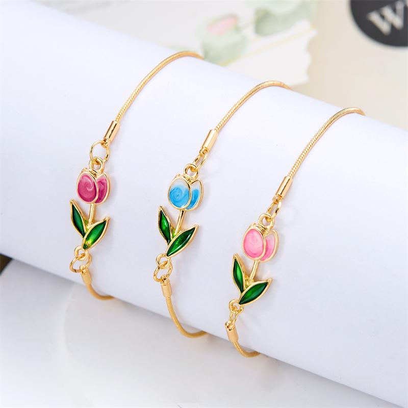 Neues Mode Elegantes Tulpen Rosen Armband Für Frauen Vintage Buntes Blume Gold Farbe Metall Kette Armbänder Ästhetischer Schmuck
