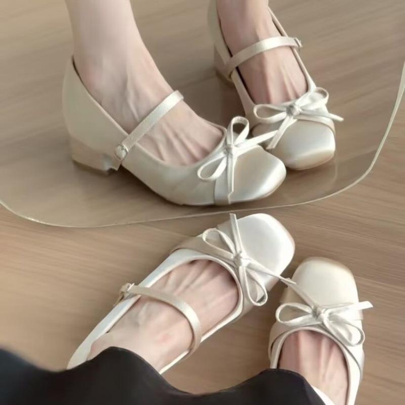 Fashion Small Inside Heightened Apricot Bow High Heel Mary Jane Shoes Women's New Square Toe Block Heel Single Shoes