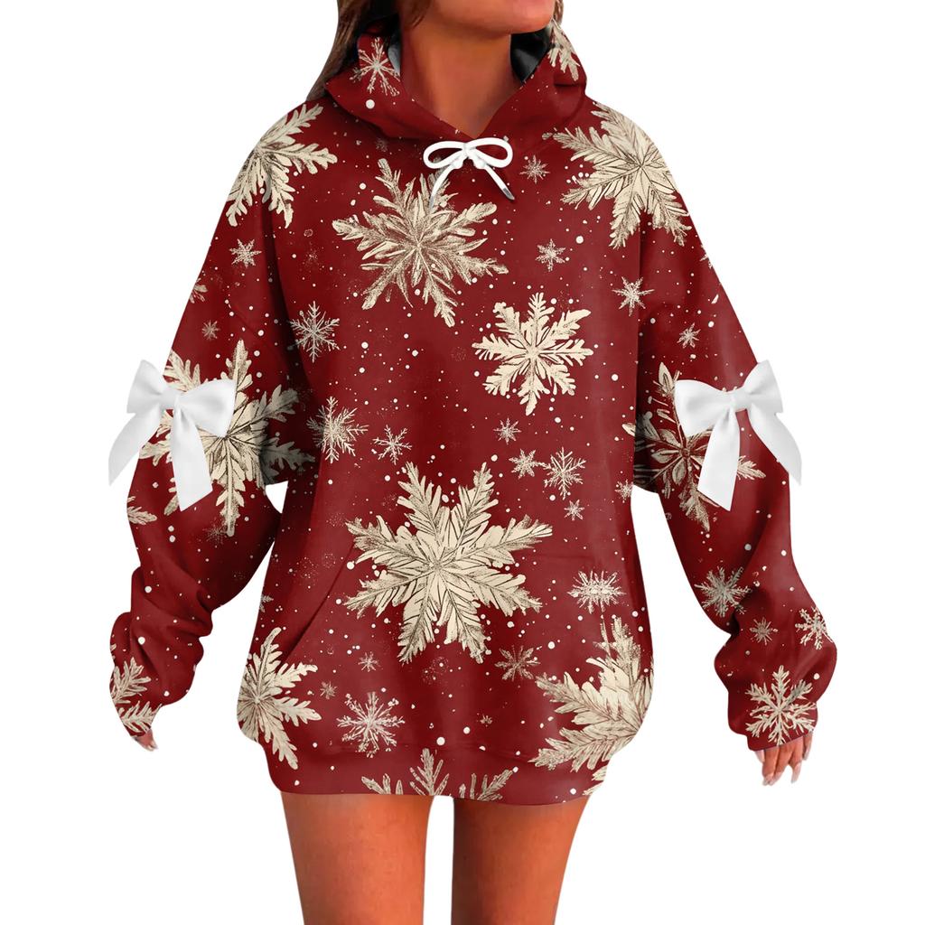 Ladies' Christmas Printed Bow Long Sleeved Loose Fitting Headband With Rope Hooded Sweatshirt Top