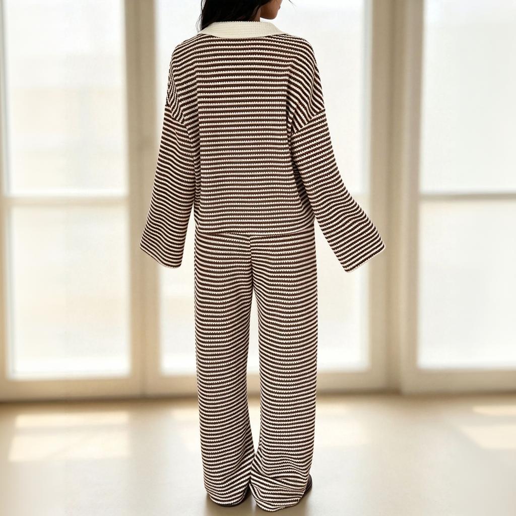 Women's Casual Striped Collar Long Sleeve Top and Straight Wide Leg Pants Set