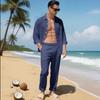 Mens Linen Two Piece Set Long Sleeve Button Down Shirt with Collar and Pocket Relaxed Fit Drawstring Waist Pants Beach Outfit