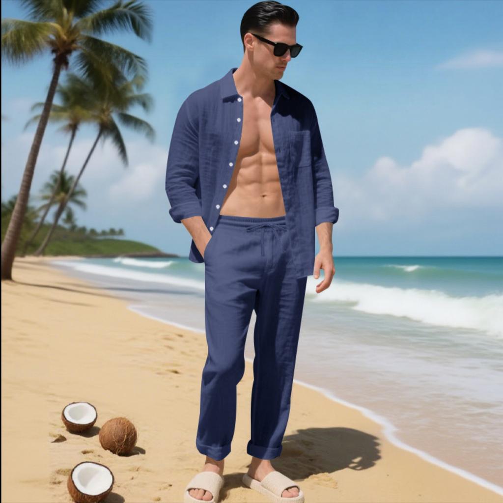 Mens Linen Two Piece Set Long Sleeve Button Down Shirt with Collar and Pocket Relaxed Fit Drawstring Waist Pants Beach Outfit