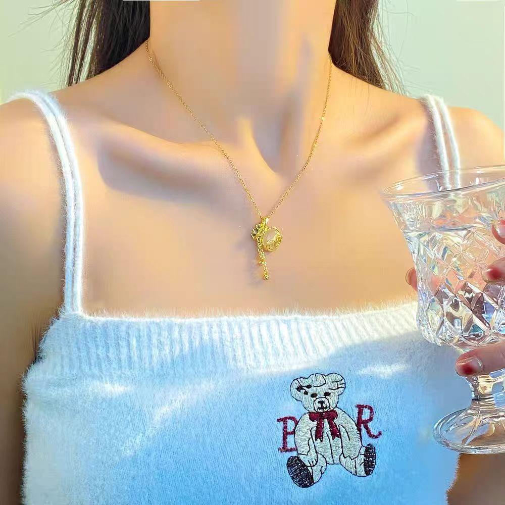 Titanium Steel Fringed Money Bag Necklace Women'S High Sense Retro Versatile Opal Pendant Collarbone Chain