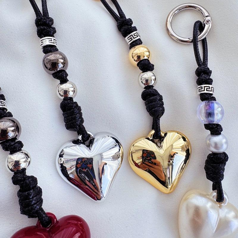 Chinese-style Handmade Phone Charm Love Heart Pendant Simple Beaded Chain Cellphone Lanyard Trendy Women Y2K Accessories