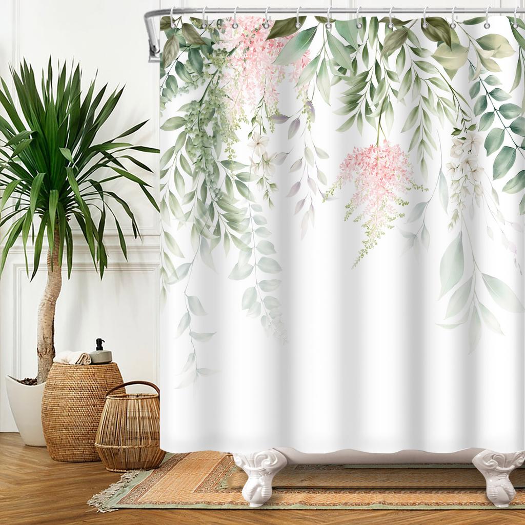 Top Fresh Watercolor Plants And Flowers Leaf Pattern Bathroom Shower Curtain Home Decoration Waterproof Tape Hooks