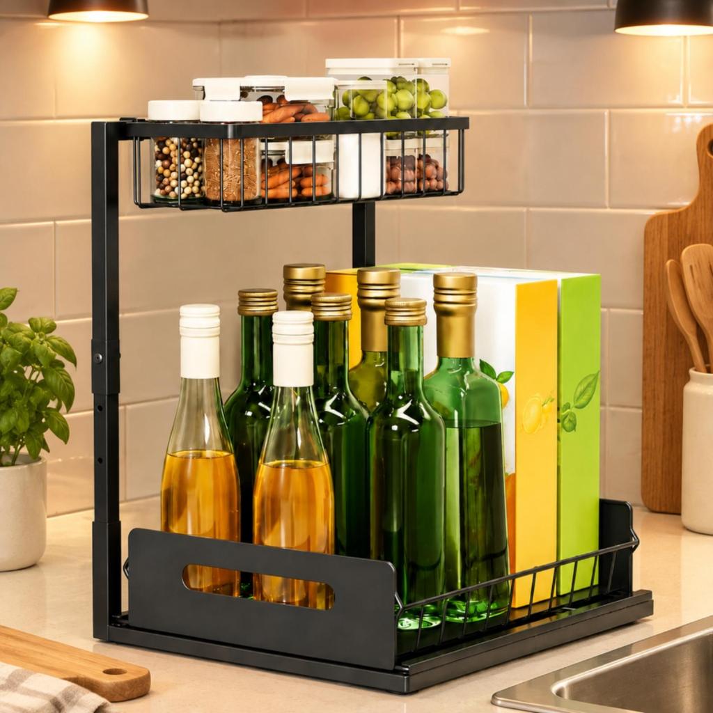 Adjustable Cabinet Organizer Rack Stable Under-Sink with Pull-out Basket