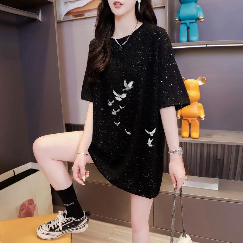 Summer New Women's Feeling Full of Stars Short-sleeved Loose Round Neck Medium-length T-shirt