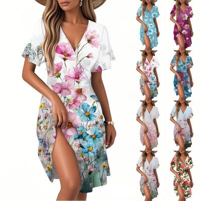Damenmode Kurzarm Wickel-Sommerkleid V-Ausschnitt Blumendruck Kleider