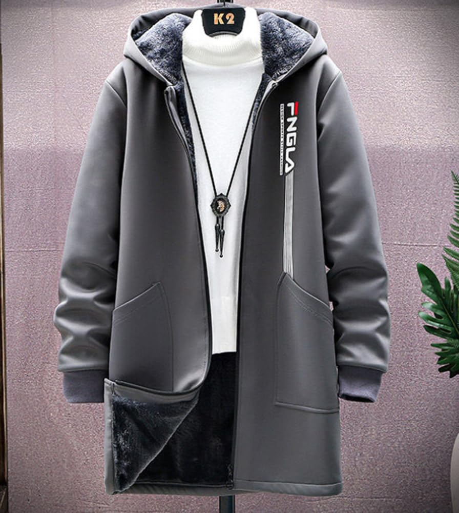 Foveitaa Men’s Long Hoodie Fleece Coat, Oversized Winter Warm Thick Zip-Up Jacket, Windproof Casual Outerwear, Gray, Size L