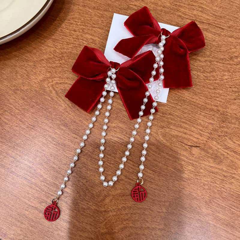 Elegant Pearl Bow Tassel Hair Clip Solid Velvet Hair Claw Children Princess Best Hairpins New Fashion Beauty Hair Accessories