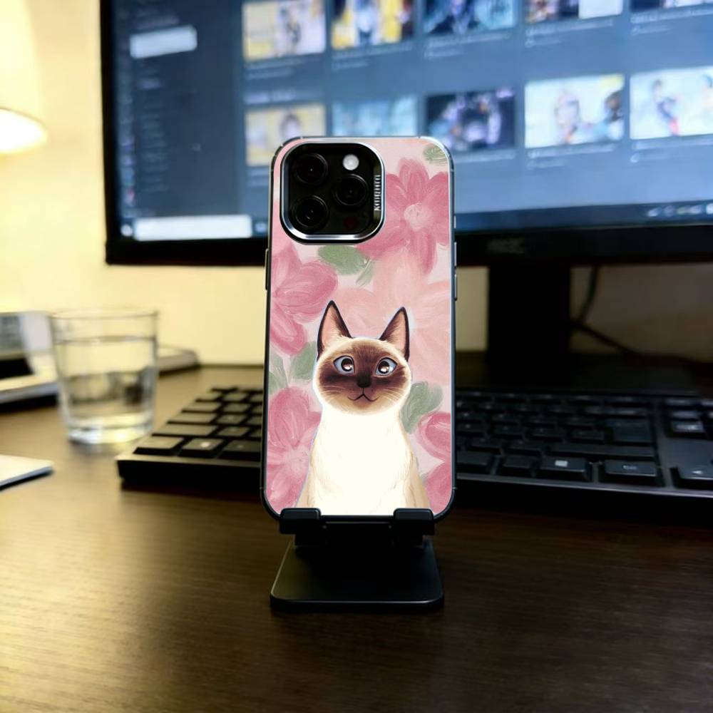 S-Siamese Cat Cute Phone Case For iPhone 17,16,15,14,13,12,11 Plus,Pro Max,XS,Colored Silver Plated Inside Cover