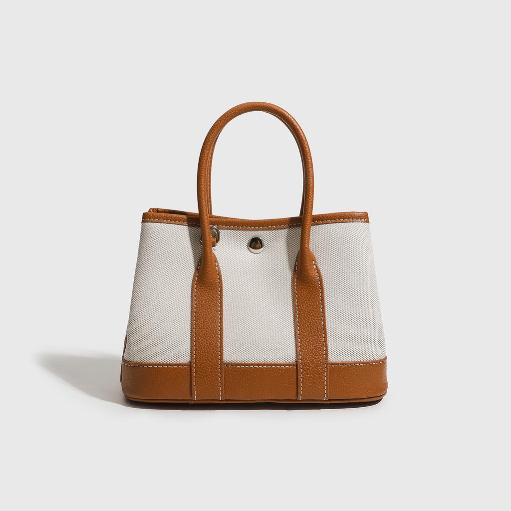 Canvas with Cowhide Handbag, High-end Sense, Large-capacity Contrasting Color Shoulder Tote Bag.