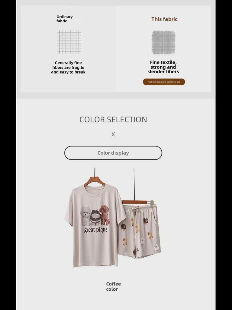 Pomeranian Cartoon Print Modal Pajama Set - Women's Summer Short-Sleeved, Lightweight, Loose Fit Shorts for Home