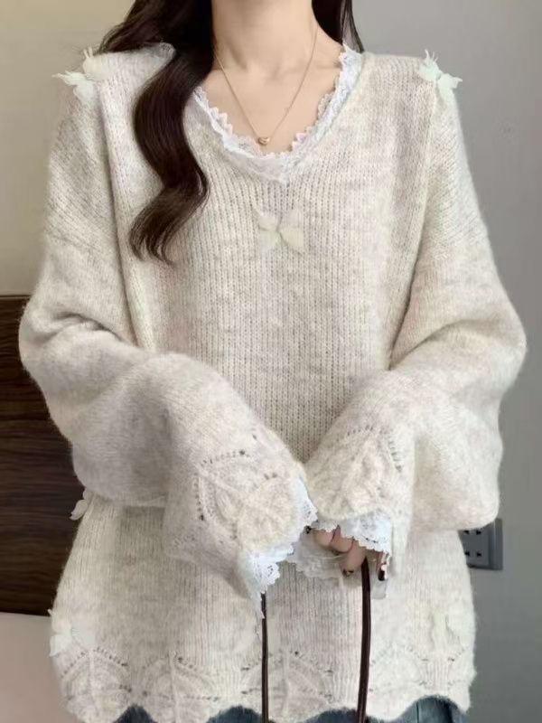 Lila Spitze Schmetterling Strickware: Dreidimensionaler lockerer schlankmachender Damenpullover für Herbst/Winter