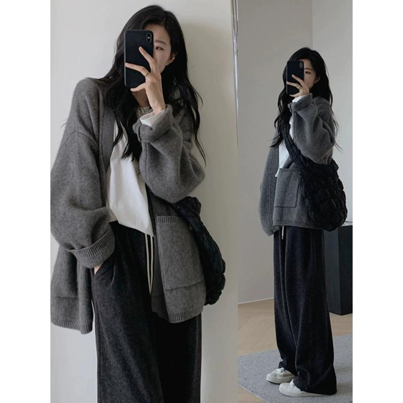 

Grey raccoon velvet medium and long sweater jacket for women s autumn and winter loose and lazy style knitted cardigan with outer wear XL серый