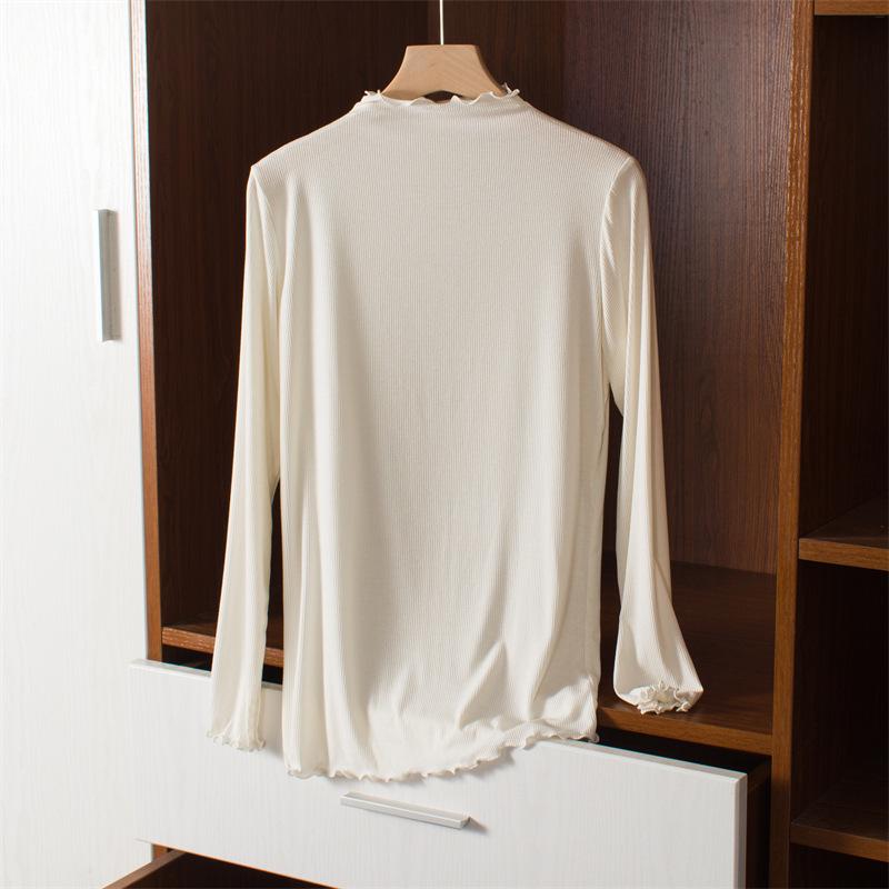Women's Korean Style Modal Long Sleeve Base Layer T-shirt, Half-High Neck, Plus Size, Thin, Solid Color, Autumn Top