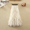 Golvende Mesh Halflange Rok voor Dames, Zomer Nieuw Hoge Taille Feeënprikkende Kant Ruches A-lijn Chiffon Jurk