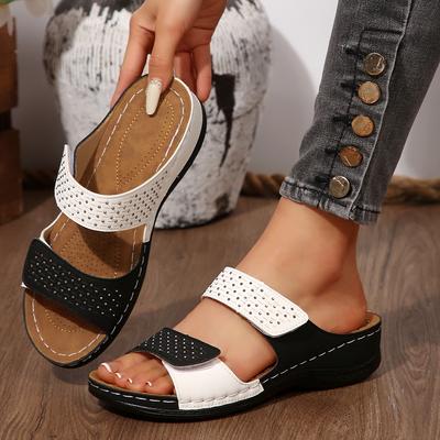 2025 Summer New Foreign Trade Women's Shoes Hollow European and American Velcro Sandals Wedge Heel Large Size Women's Color Matching Cool Slippers