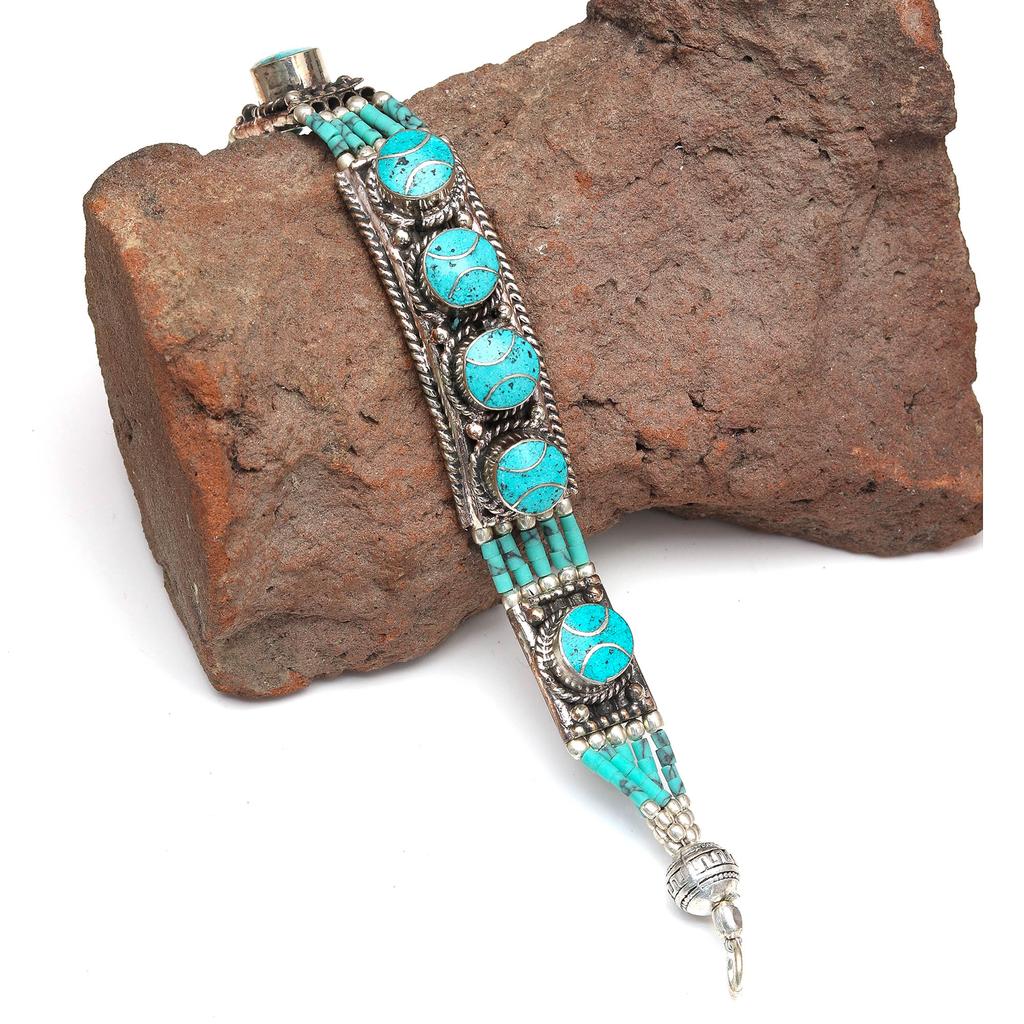 Coral Silver Red Tibetan Gemstone Nepali Turquoise Bracelet Handmade