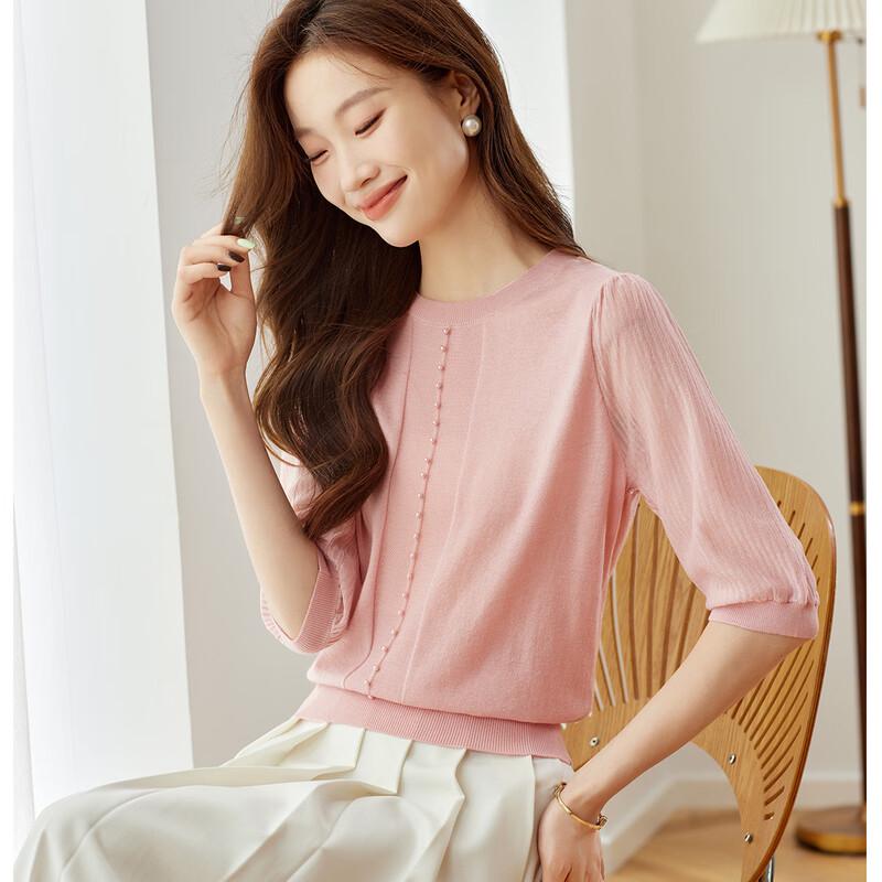 Women's Thin Patchwork Wool Blend Seven-Quarter Sleeve Sweater