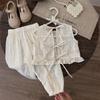 Girls Sleeveless Lace Top with Heart Button Closure and High Waist Wide Leg Pants Set Lightweight Summer Outfit for Toddlers and Kids