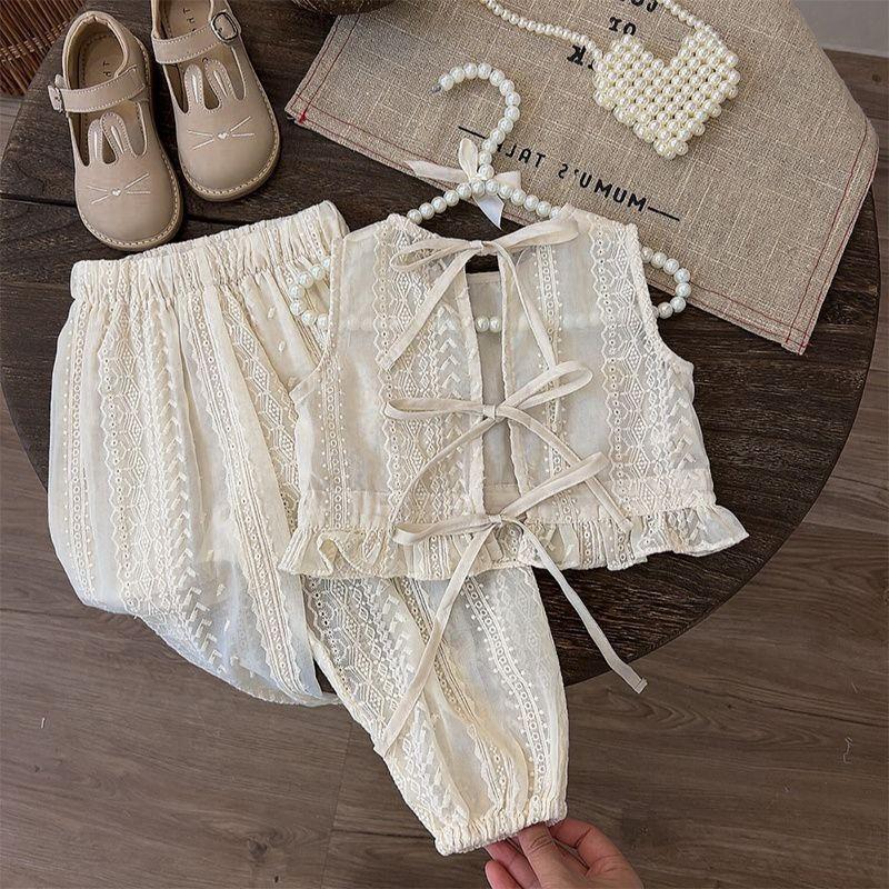 Girls Sleeveless Lace Top with Heart Button Closure and High Waist Wide Leg Pants Set Lightweight Summer Outfit for Toddlers and Kids