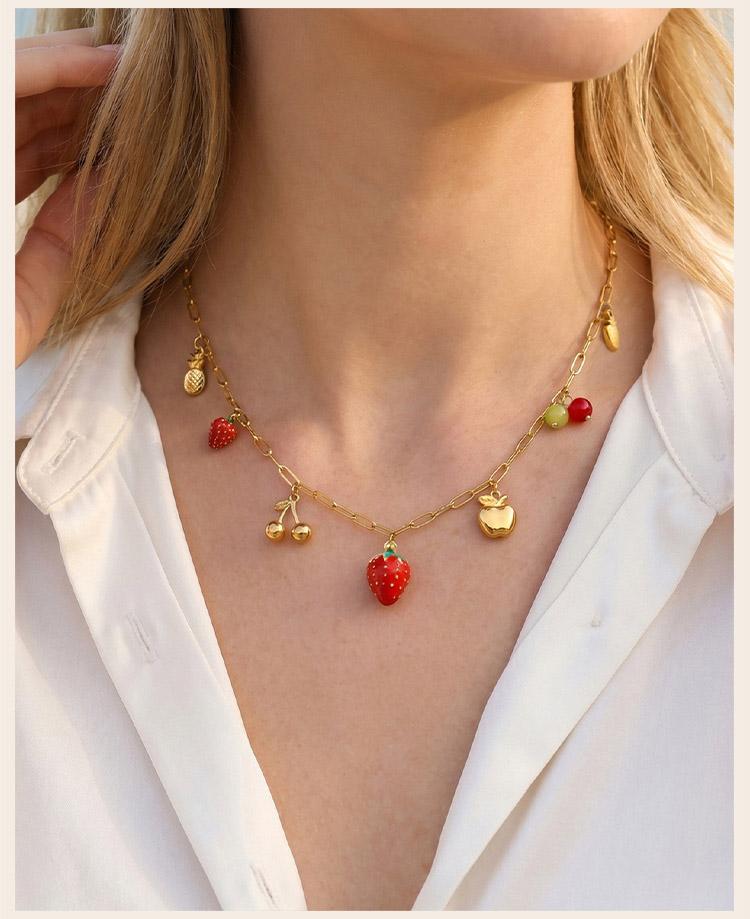 Fruit Necklace for Women, Adjustable Paperclip Chain, Y2K Cute Strawberry Apple Cherry Enamel Charm Pendant Jewelry Gift